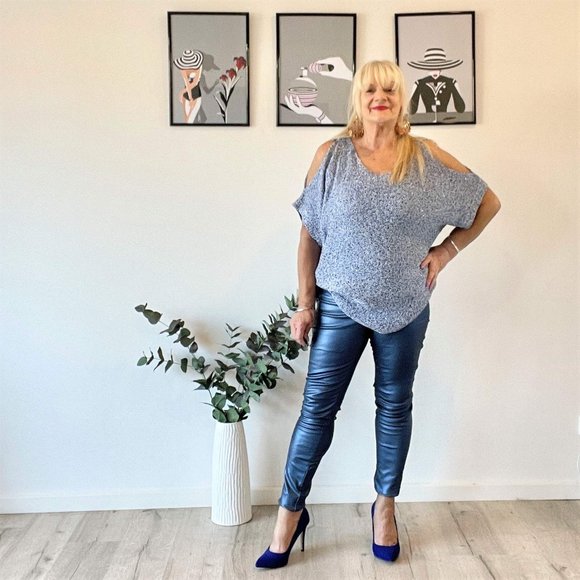 Shein Faux Leather Pants, Metallic Blue, Size L - Picture 2 of 3